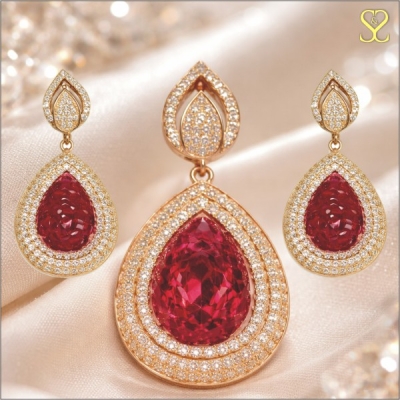 Luxury Rose Gold Ruby Red Teardrop Jewelry Set for Women – Pendant Necklace & Matching Earrings with Crystal Zircon Stones | Bridal, Wedding, Party Wear