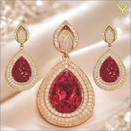 Luxury Rose Gold Ruby Red Teardrop Jewelry Set for Women – Pendant Necklace & Matching Earrings with Crystal Zircon Stones | Bridal, Wedding, Party Wear